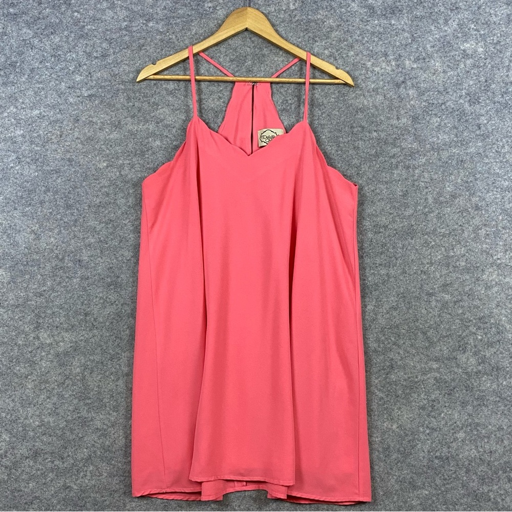 DejaVu Mini Shift Dress Size L Coral Flowy Strappy‎ Halter Beachy Breezy Lined